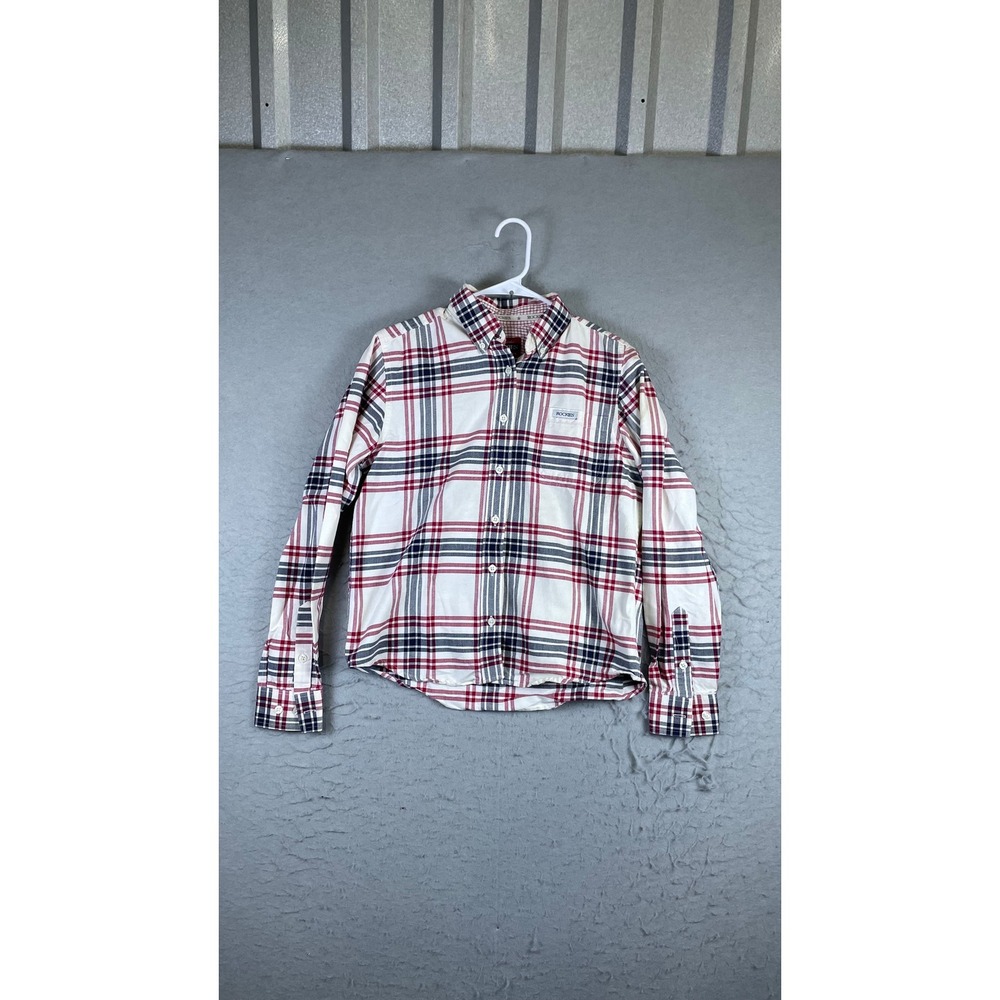 Rockies Button Down Shirt Men Small White Red Blue Good Plaid Long Sleeve Cotton